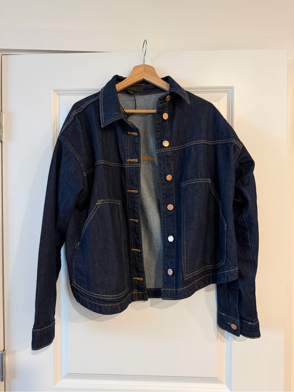 Zara Dark Blue Denim Jacket with Contrast Stitching